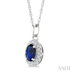 5x3 MM Oval Shape Sapphire and 1/20 Ctw Round Cut Diamond Halo Precious Pendant with Chain in 10K White Gold