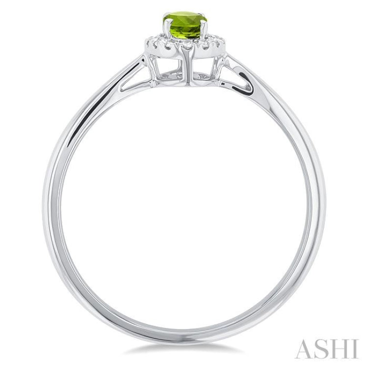 5x3 MM Oval Shape Peridot and 1/20 Ctw Single Cut Diamond Halo Semi-Precious Ring in 10K White Gold