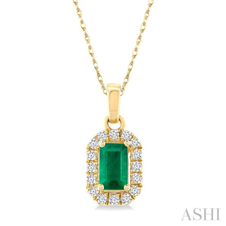 5x3 MM Octagonal Shape Emerald and 1/20 Ctw Single Cut Diamond Halo Precious Pendant with Chain in 14K Yellow Gold