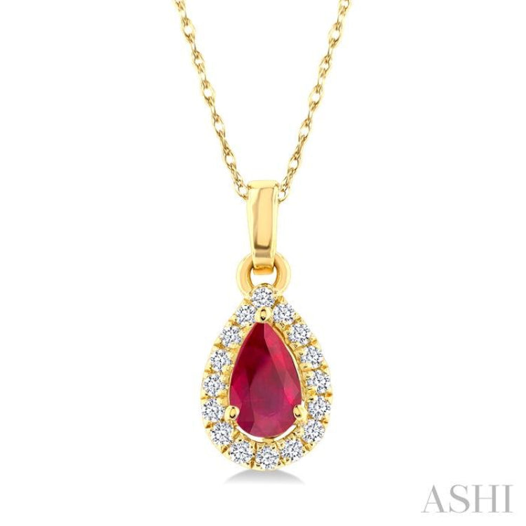 5x3 MM Pear Shape Ruby and 1/20 Ctw Single Cut Diamond Halo Precious Pendant with Chain in 10K Yellow Gold