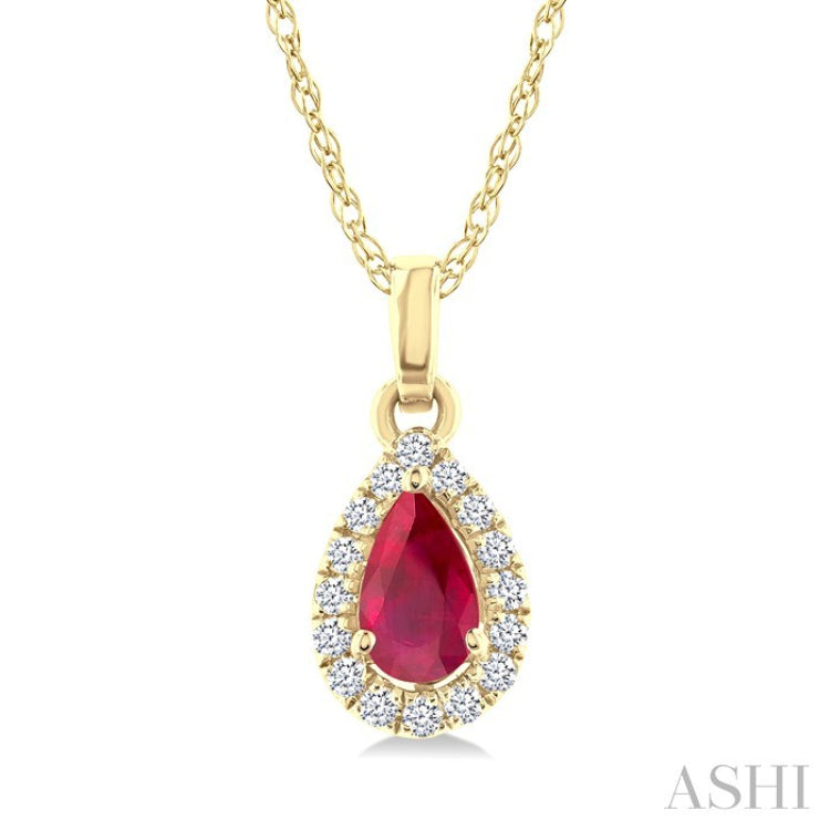 5x3 MM Pear Shape Ruby and 1/20 Ctw Round Cut Diamond Halo Precious Pendant with Chain in 10K Yellow Gold