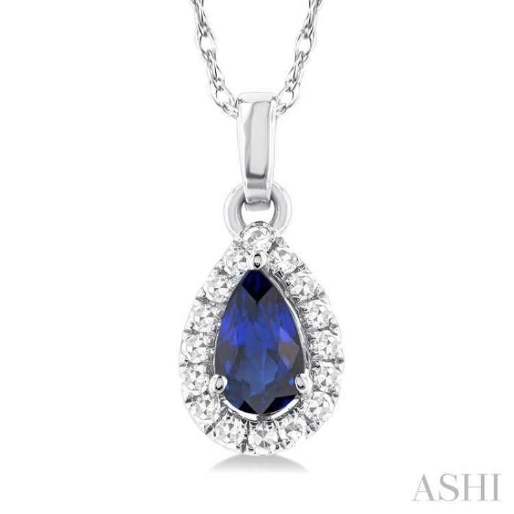 5x3 MM Pear Shape Sapphire and 1/20 Ctw Single Cut Diamond Halo Precious Pendant with Chain in 10K White Gold
