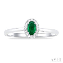 5x3 MM Oval Shape Emerald and 1/20 Ctw Single Cut Diamond Halo Precious Ring in 10K White Gold