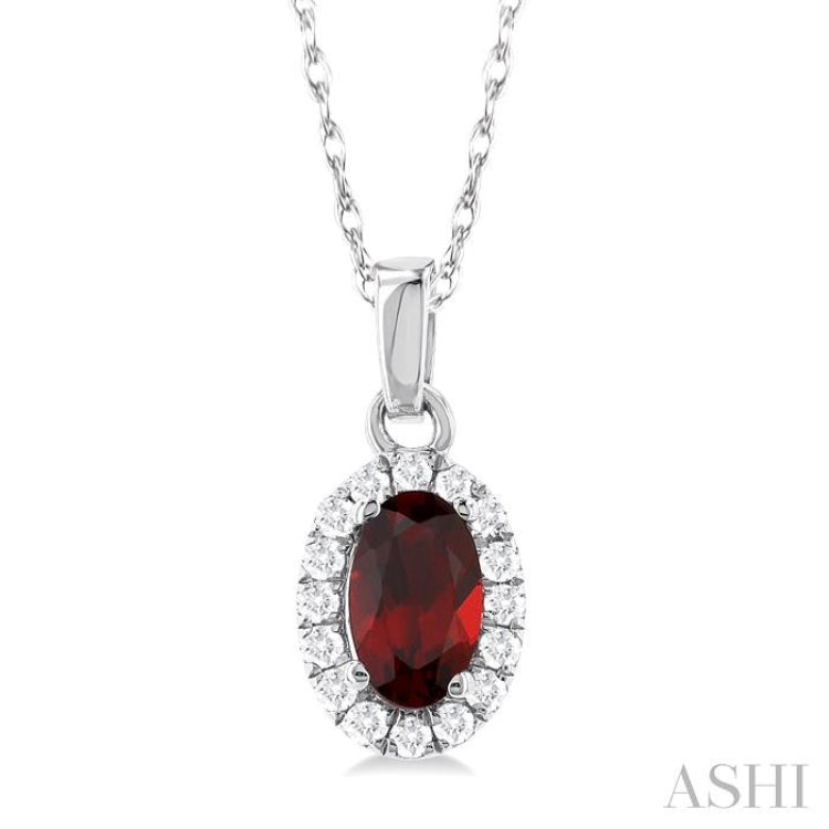 5x3 MM Oval Shape Garnet and 1/20 Ctw Single Cut Diamond Halo Semi-Precious Pendant with Chain in 14K White Gold