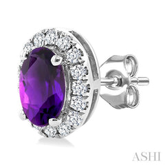 5x3 MM Oval Shape Amethyst and 1/8 Ctw Round Cut Diamond Halo Semi-Precious Stud Earrings in 10K White Gold