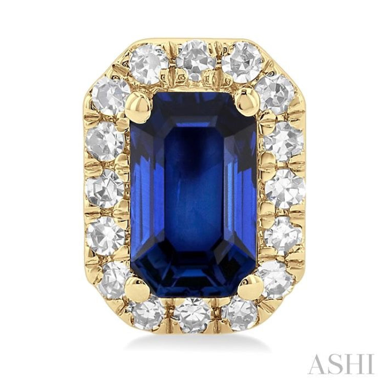 5x3 MM Octagonal Shape Sapphire and 1/8 Ctw Single Cut Diamond Halo Precious Stud Earrings in 14K Yellow Gold