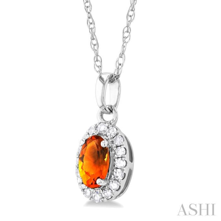 5x3 MM Oval Shape Citrine and 1/20 Ctw Single Cut Diamond Halo Semi-Precious Pendant with Chain in 10K White Gold