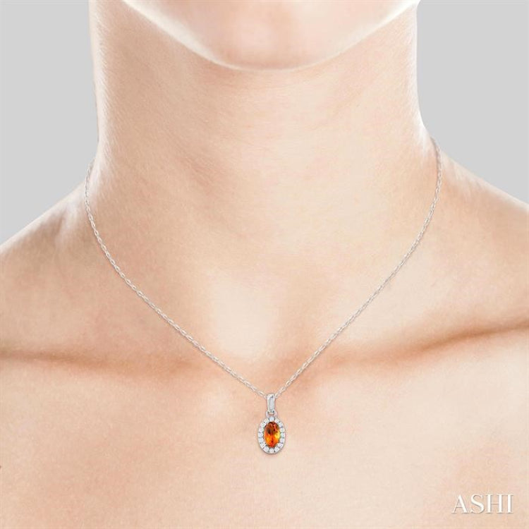 5x3 MM Oval Shape Citrine and 1/20 Ctw Single Cut Diamond Halo Semi-Precious Pendant with Chain in 10K White Gold