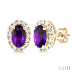 5x3 MM Oval Shape Amethyst and 1/8 Ctw Single Cut Diamond Halo Semi-Precious Stud Earrings in 10K Yellow Gold