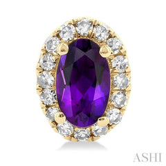 5x3 MM Oval Shape Amethyst and 1/8 Ctw Single Cut Diamond Halo Semi-Precious Stud Earrings in 10K Yellow Gold