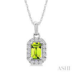 5x3 MM Octagonal Shape Peridot and 1/20 Ctw Round Cut Diamond Halo Semi-Precious Pendant with Chain in 10K White Gold