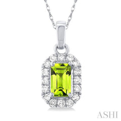 5x3 MM Octagonal Shape Peridot and 1/20 Ctw Single Cut Diamond Halo Semi-Precious Pendant with Chain in 10K White Gold