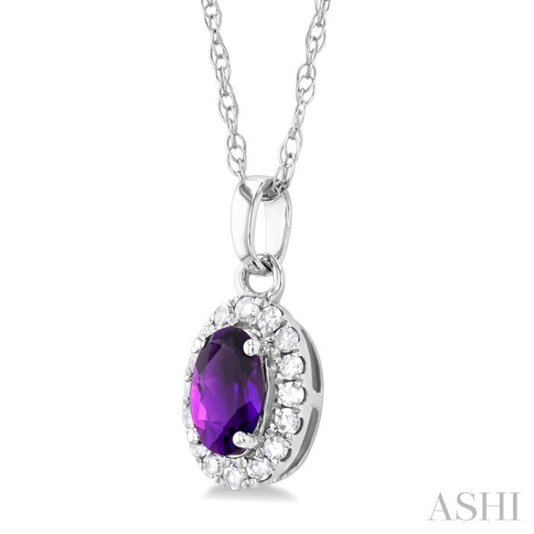 5x3 MM Oval Shape Amethyst and 1/20 Ctw Single Cut Diamond Halo Semi-Precious Pendant with Chain in 14K White Gold