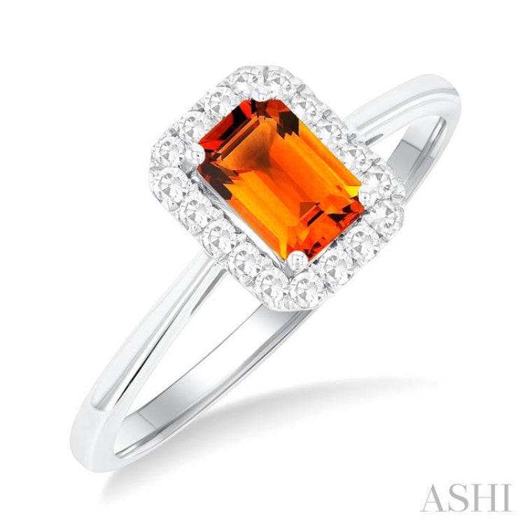 6x4 MM Octagonal Shape Citrine and 1/6 Ctw Round Cut Diamond Halo Semi-Precious Ring in 14K White Gold