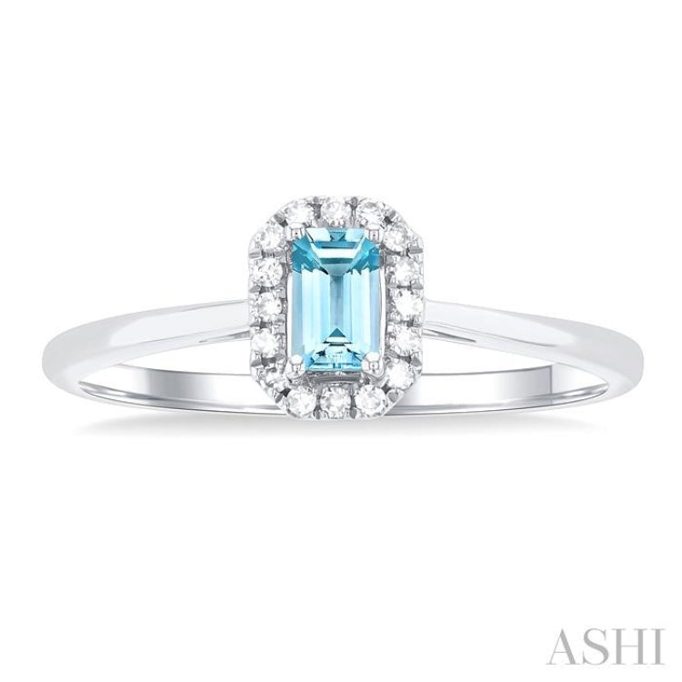 5x3 MM Octagonal Shape Aquamarine and 1/20 Ctw Single Cut Diamond Halo Semi-Precious Ring in 14K White Gold