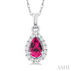5x3 MM Pear Shape Pink Tourmaline and 1/20 Ctw Single Cut Diamond Halo Semi-Precious Pendant with Chain in 10K White Gold