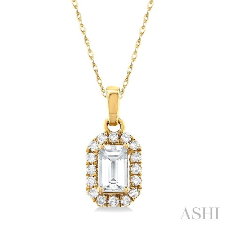5x3 MM Octagonal Shape White Topaz and 1/20 Ctw Single Cut Diamond Halo Semi-Precious Pendant with Chain in 14K Yellow Gold