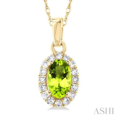 5x3 MM Oval Shape Peridot and 1/20 Ctw Single Cut Diamond Halo Semi-Precious Pendant with Chain in 10K Yellow Gold