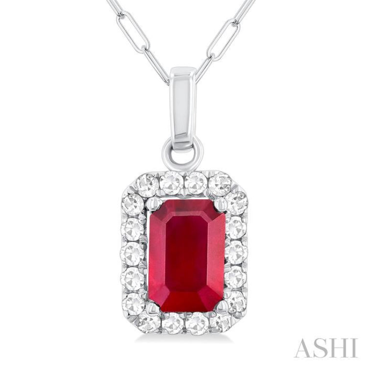 6x4 MM Octagonal Shape Ruby and 1/6 Ctw Round Cut Diamond Halo Precious Pendant with Chain in 10K White Gold