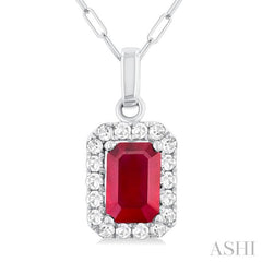 6x4 MM Octagonal Shape Ruby and 1/6 Ctw Round Cut Diamond Halo Precious Pendant with Chain in 10K White Gold