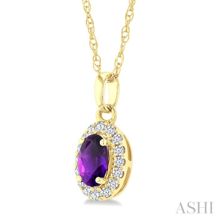 5x3 MM Oval Shape Amethyst and 1/20 Ctw Round Cut Diamond Halo Semi-Precious Pendant with Chain in 10K Yellow Gold