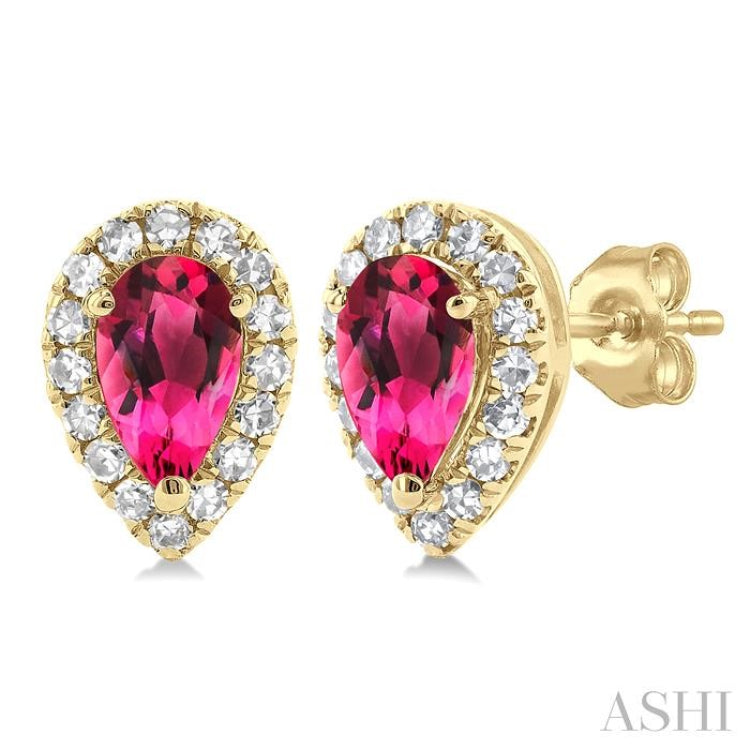 5x3 MM Pear Shape Pink Tourmaline and 1/8 Ctw Single Cut Diamond Halo Semi-Precious Stud Earrings in 10K Yellow Gold