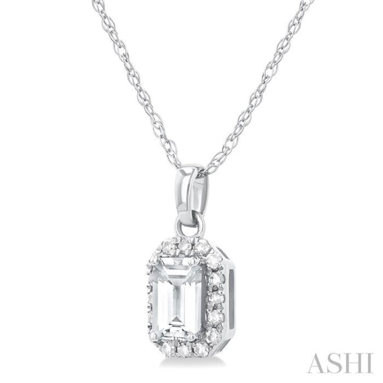 5x3 MM Octagonal Shape White Topaz and 1/20 Ctw Single Cut Diamond Halo Semi-Precious Pendant with Chain in 14K White Gold
