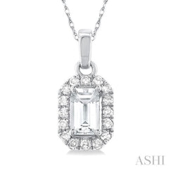 5x3 MM Octagonal Shape White Topaz and 1/20 Ctw Single Cut Diamond Halo Semi-Precious Pendant with Chain in 14K White Gold