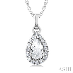 5x3 MM Pear Shape White Topaz and 1/20 Ctw Round Cut Diamond Halo Semi-Precious Pendant with Chain in 10K White Gold