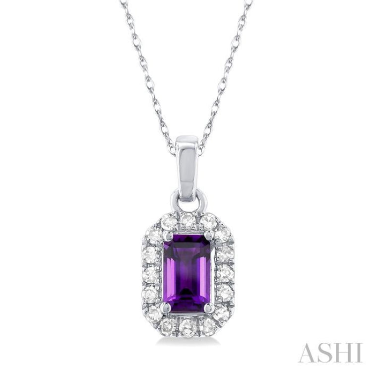 5x3 MM Octagonal Shape Amethyst and 1/20 Ctw Single Cut Diamond Halo Semi-Precious Pendant with Chain in 10K White Gold