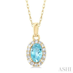5x3 MM Oval Shape Aquamarine and 1/20 Ctw Single Cut Diamond Halo Semi-Precious Pendant with Chain in 10K Yellow Gold