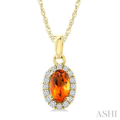 5x3 MM Oval Shape Citrine and 1/20 Ctw Round Cut Diamond Halo Semi-Precious Pendant with Chain in 10K Yellow Gold