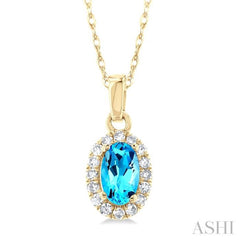 5x3 MM Oval Shape Blue Topaz and 1/20 Ctw Single Cut Diamond Halo Semi-Precious Pendant with Chain in 10K Yellow Gold