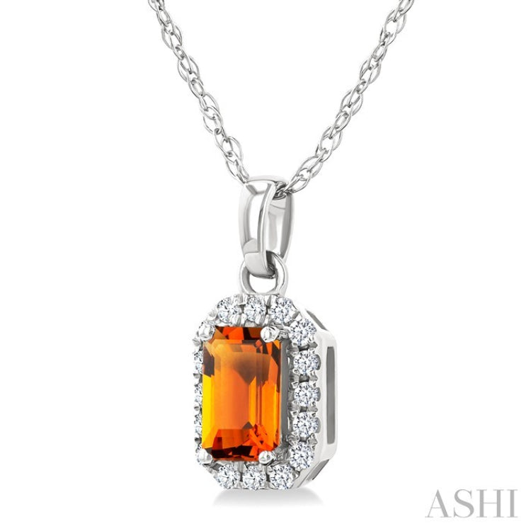 5x3 MM Octagonal Shape Citrine and 1/20 Ctw Round Cut Diamond Halo Semi-Precious Pendant with Chain in 10K White Gold