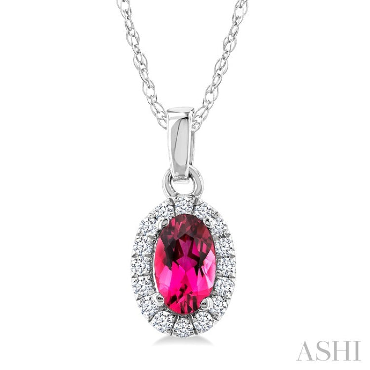 5x3 MM Oval Shape Pink Tourmaline and 1/20 Ctw Round Cut Diamond Halo Semi-Precious Pendant with Chain in 10K White Gold