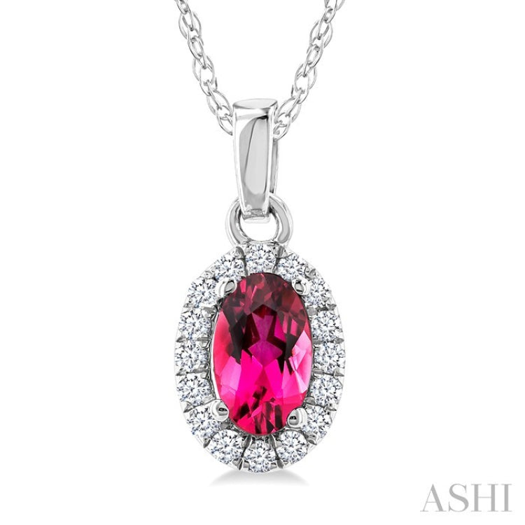 5x3 MM Oval Shape Pink Tourmaline and 1/20 Ctw Round Cut Diamond Halo Semi-Precious Pendant with Chain in 10K White Gold