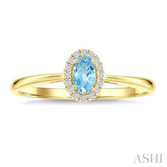 5x3 MM Oval Shape Aquamarine and 1/20 Ctw Round Cut Diamond Halo Semi-Precious Ring in 10K Yellow Gold