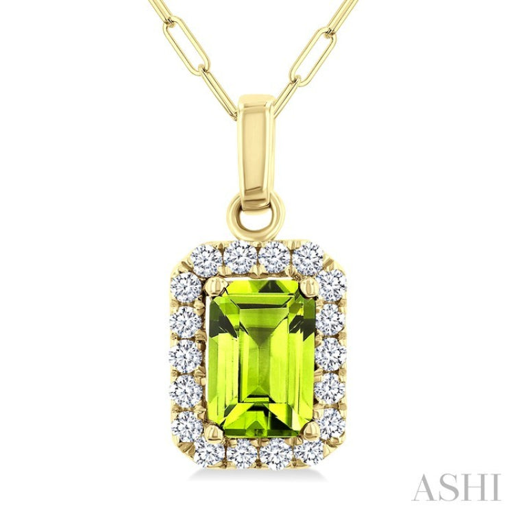 6x4 MM Octagonal Shape Peridot and 1/6 Ctw Round Cut Diamond Halo Semi-Precious Pendant with Chain in 14K Yellow Gold