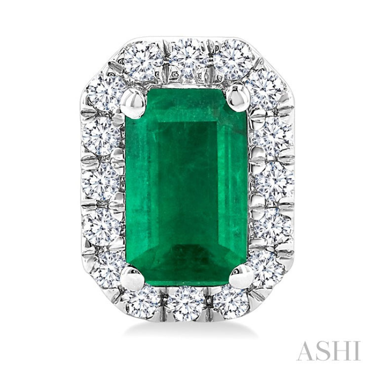 5x3 MM Octagonal Shape Emerald and 1/8 Ctw Round Cut Diamond Halo Precious Stud Earrings in 14K White Gold