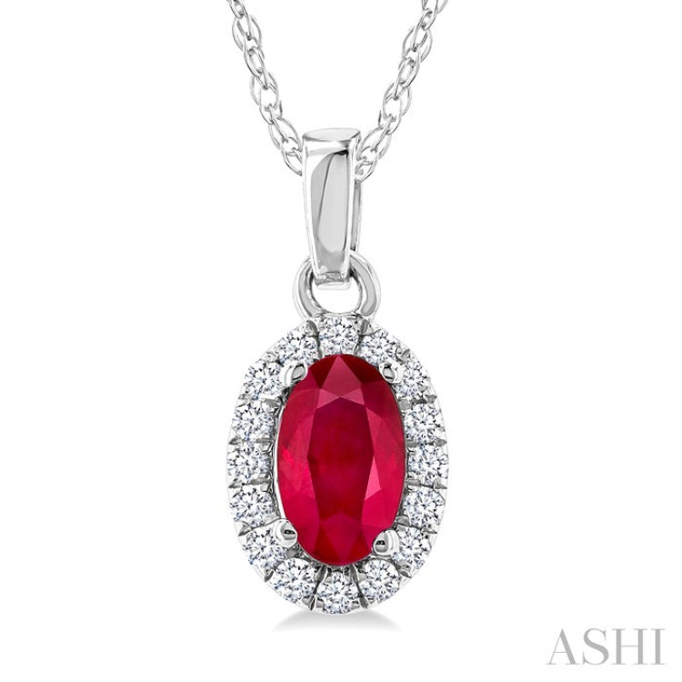 5x3 MM Oval Shape Ruby and 1/20 Ctw Round Cut Diamond Halo Precious Pendant with Chain in 10K White Gold