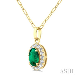 6x4 MM Oval Shape Emerald and 1/6 Ctw Round Cut Diamond Halo Precious Pendant with Chain in 14K Yellow Gold