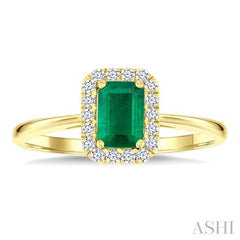 6x4 MM Octagonal Shape Emerald and 1/6 Ctw Round Cut Diamond Halo Precious Ring in 10K Yellow Gold