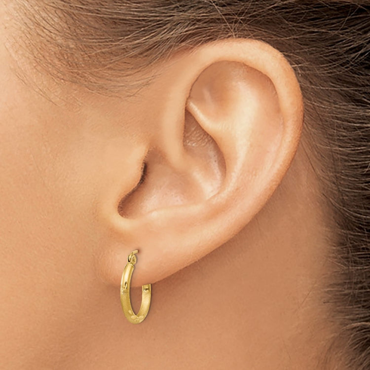14k 2x15mm Satin Diamond-cut Round Tube Hoop Earrings