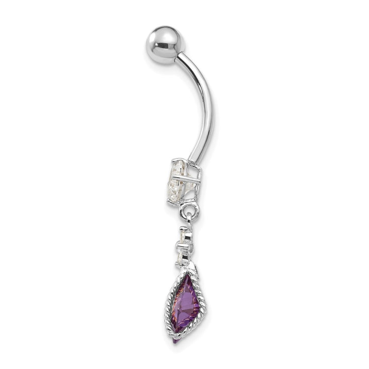 10k White Gold Square Amethyst and CZ Belly Dangle