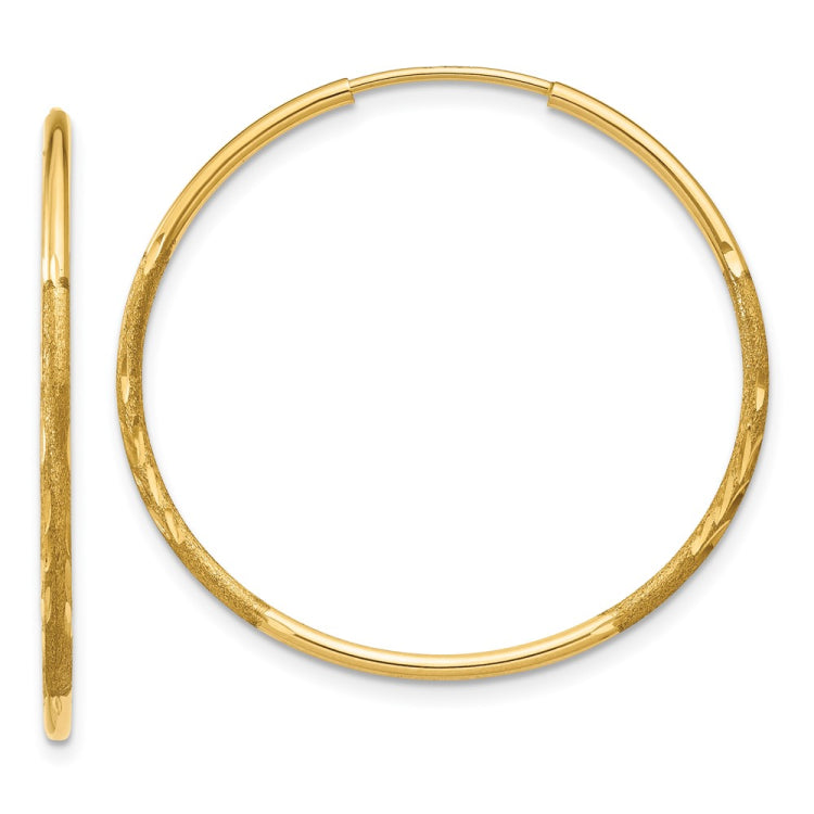 14k 1.2x25mm Satin Diamond-cut Endless Tube Hoop Earrings