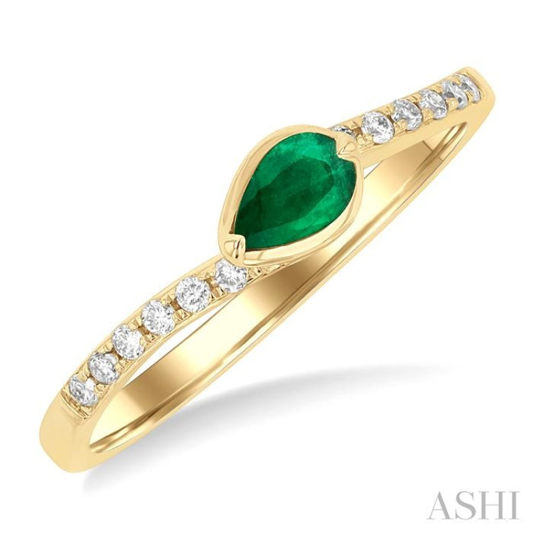 5x3 MM Pear Cut Emerald and 1/10 Ctw Round Cut Diamond East-West Set Precious Ring in 14K Yellow Gold