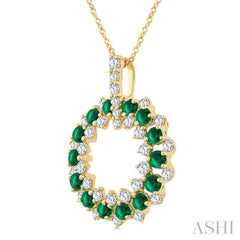 2.5 MM Round Shape Emerald and 3/4 Ctw Round Cut Diamond Triple Row Circle Precious Pendant With Chain in 14K Yellow Gold