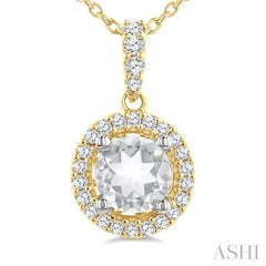 5 MM White Topaz and 1/10 Ctw Round Cut Diamond Halo Semi-Precious Pendant With Chain in 14K Yellow and White Gold