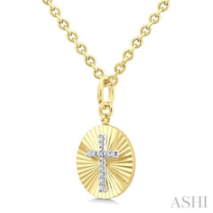 1/10 Ctw Latin Cross Round Cut Diamond Pirouette Fluted Circle Medallion Pendant With Chain in Yellow Gold Vermeil