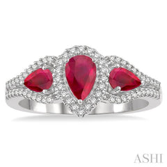 6x4 MM & 5x3 MM Triple Pear Shape Ruby and 1/5 Ctw Round Cut Diamond Precious Ring in 10K White Gold